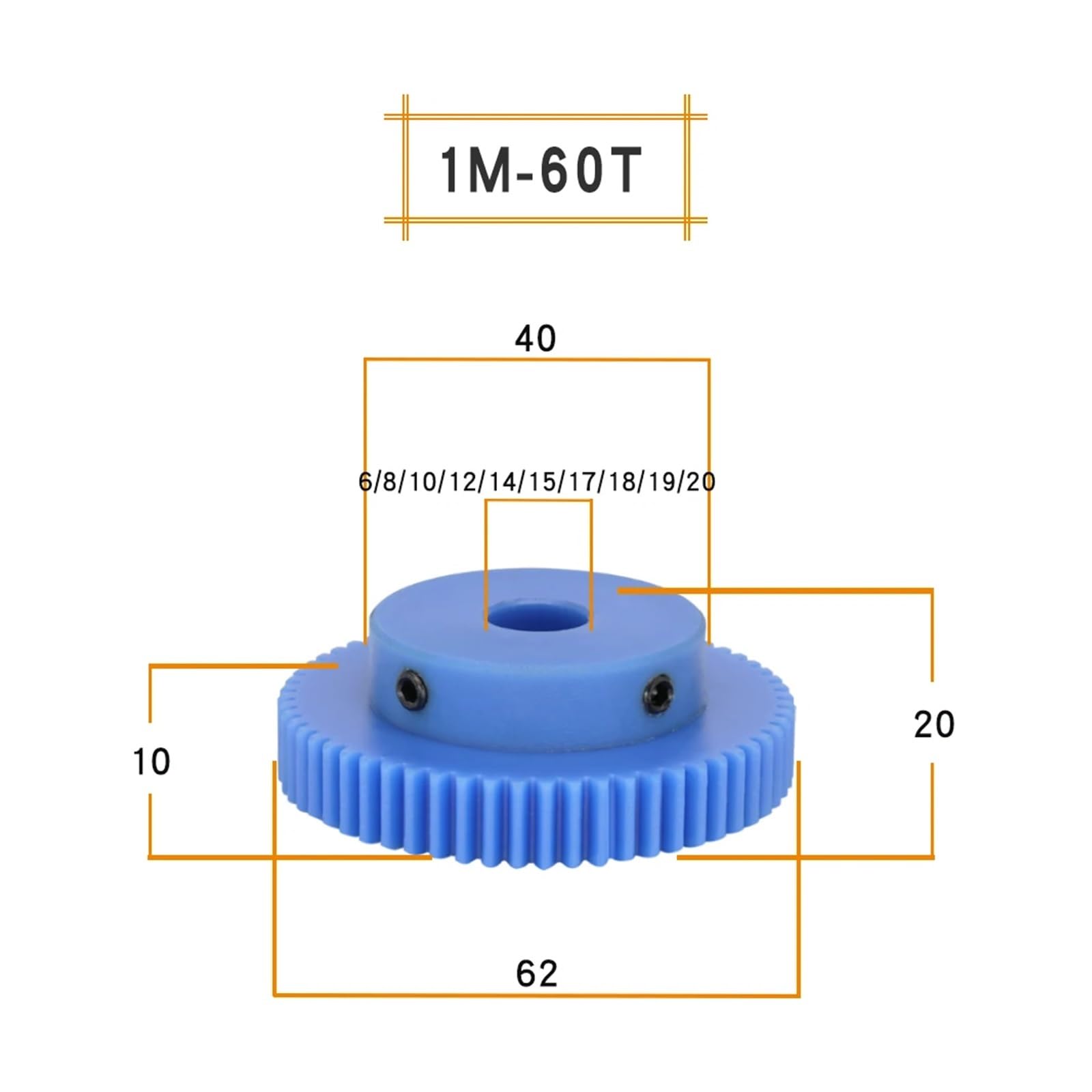 Bevel Gear Pinion Hardware Mechanical 1M-60T Bore Size 6/8/10/12/14/15mm Plastic Gear Teeth Pitch 3.14mm Teeth Height 10mm Blue Spur Gear Transmission Parts(18mm)