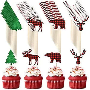 48 Pieces Lumberjack Cupcake Toppers Buffalo Plaid Baby Bear Tree Cupcake Topper Lumberjack Baby Shower Decorations for Boys Red Plaid Boy Baby Shower Party Supplies