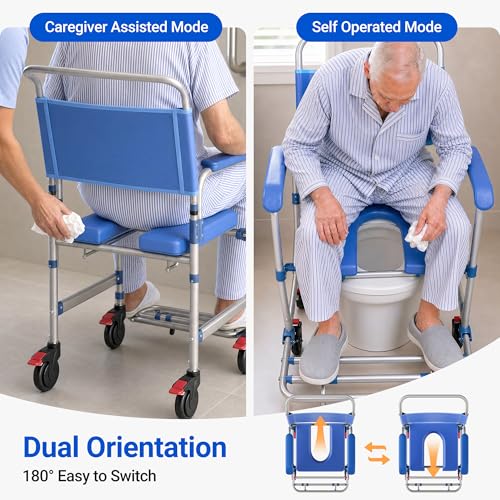 Image of 4-in-1 Bedside Commode with Wheels, Heavy Duty Shower Chair, 330LBS Capacity, 360 Lockable Casters, 18.9 inch Wide Seat, Detachable 6L Bucket, Portable Toilet for Elderly and Disabled