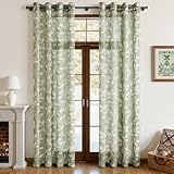 CUTEWIND Cortinas de Salón Gris Verde con Ollaos Pack de 2 Piezas 140x240 cm (An x Al) Cortina Transparente con Estampado de Hojas Blancas para Ventanales Grandes de Casa