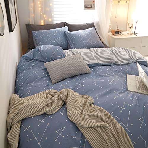 Eavd Modern Style Constellation Duvet Cover Queen Soft 100% Cotton Galaxy Star Pattern Bedding Set With 2 Pillowcases Modern Reversible Grey White Striped Print Duvet Cover With Zipper Closure 4 Ties #TOP7
