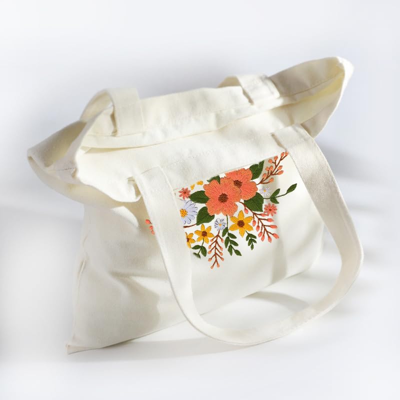 Image of Huacan Embroidery Canvas Bag Kits for Adults Beginner Stamped Flowers Pattern DIY Cross Stitch Printed Flower Stitching Sewing Kit