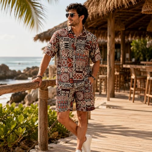 Image of BROWN CULTURE Men Cotton Blend Printed Co-ord Set Shirt Shorts | Collar Neck Button Down Night Suit | Casual Home Wear Two Piece | Stylish Lounge Wear | Trendy Matching Outfits