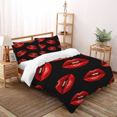 Housse de couette microfibre 200x200 rouge sans repassage parure de lit double motifs lips - 2