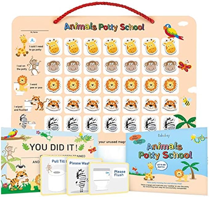 Potty Training Chart for Toddlers,Boys,Girls - Animal Design - Magnetic Sticker Chart, Waterproof Magnetic Potty Training Reward Chart, Certificate, 3 Instruction Steps, 35 Magnetic Stickers