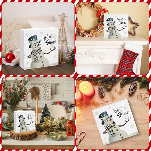 Image of Winter Decor, Snowman Let It Snow Wood Box Sign, Farmhouse Christmas Home Office Decorations for Desk Table Shelf 5 X 5 Inches