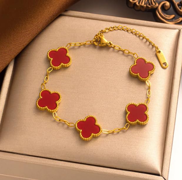 Image of STYOLLO Four-Leaf Clover Anti Tarnish Bracelet for Women & Girls Stylish | Elegant Gold-Plated Lucky Charm Jewelry | Aesthetic Enamel Design Adjustable Chain Bracelet for Daily, Gifting & Festive