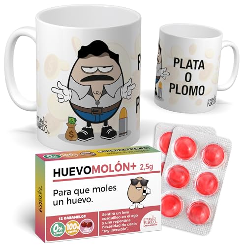 mundohuevo Pack Taza Pablo Escobar + Caramelos Huevomolón | Frase Plata o Plomo | Originales para Regalar | Café, Desayuno y Té | Regalos Amigo Invisible y Navidad | Cerámica 350 ML
