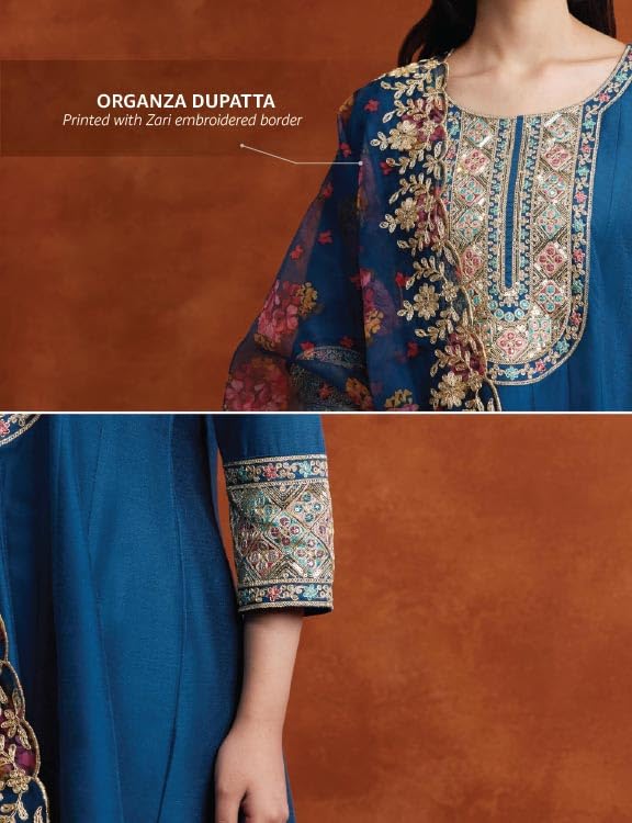 Image of Amazon Brand - Myx Women's Embroidered Anarkali Kurta Suit Set with Organza Dupatta | A-Line Fit (Available in Plus Sizes)