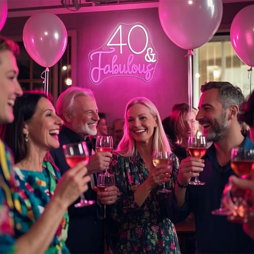 Image of 40&Fabulous LED Neon Sign Pink Light Up for Birthday Party Wall Decoration | 14.4IN*12.5IN,Five level brightness adjustment,USB power,For Bar,Club,Pub,Personal space,Birthday party,Ladies' Room,Salon