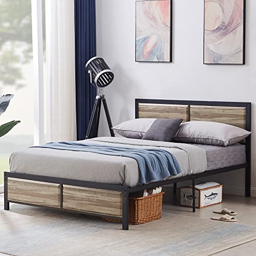 Vecelo Queen Size Platform Bed Frame With Vintage Wood Headboard, Mattress Foundation, Strong Metal Slats Support, No Box Spring Needed, Grey Oak #TOP2