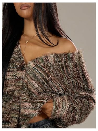 MakeMeChic Women's Striped Sweater Cardigan Fuzzy Vintage Button Down Cardigan Chocolate Brown Sweater4