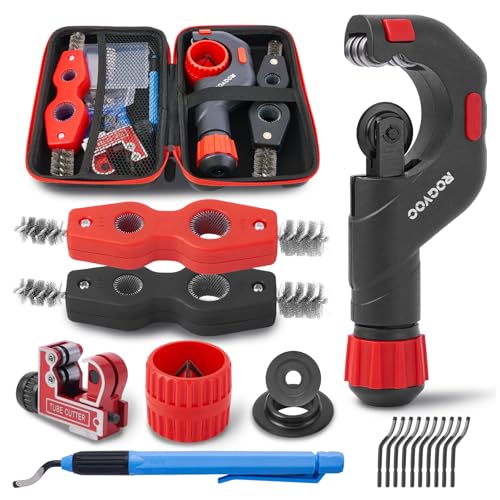 ROGVOC Copper Pipe Cutter Kit 1/8-1-1/8 in Mini Tube Cutter 5-50 mm Bearing Pipe Cutter Deburring and Chamfer Tools Pipe Cleaning Brushes and EVA Case for HVAC and Plumbing