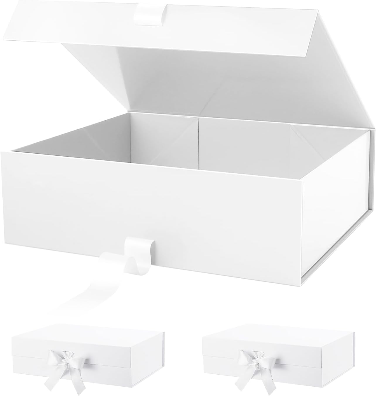 PACKHOME 17x14.5x5.5 Inches, 3 Extra Large Gift Boxes with Lids, Magnetic Closure Boxes with Ribbon for Clothes and Large Gifts (Glossy White) White Ribbon 1 Count (Pack of 3)