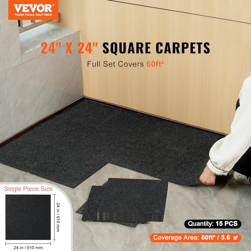 Image of VEVOR 24 x 24 Peel and Stick Carpet Tiles Squares with Self Adhesive & Soft Padded for Indoor Outdoor Kitchen Living Room Bedrooms - Pack of 15 /60 sq ft /Carbon Black