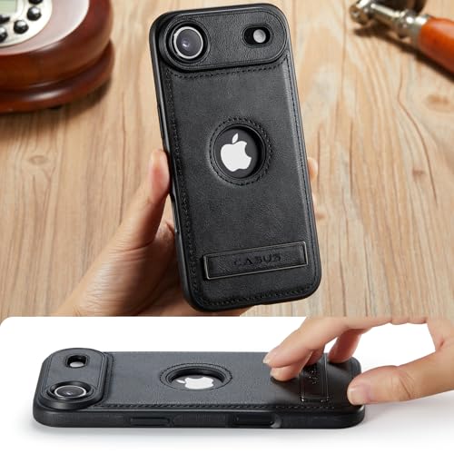 Image of Casus Designed for iPhone Air Case Compatible with MagSafe Kickstand Vegan Leather Classic Luxury Elegant Thin Protective Cover with Tempered Glass Screen (2025) 6.5 inch - Black