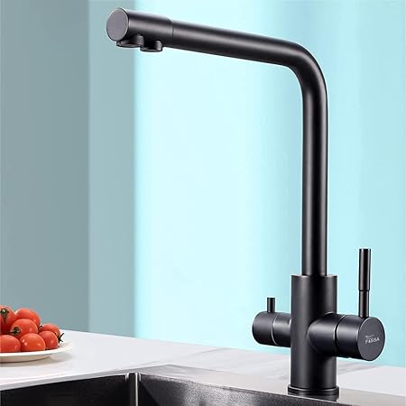 Fossa Pure 3-Way Kitchen Tap, 360 degree Swivel, Kitchen Mixer Tap for, 3-in-1 High Pressure Tap, Drinking Tap with 2 Levers, Brushed (Black)