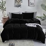 Luxlovery Black Velvet Comforter Set Queen Men Plush Fluffy Black Bedding Comforter Set Dark Color Minimalist Bedding Set Solid Modern Blanket Quilts Heavyweight Winter Warm Flannel Comforter Set