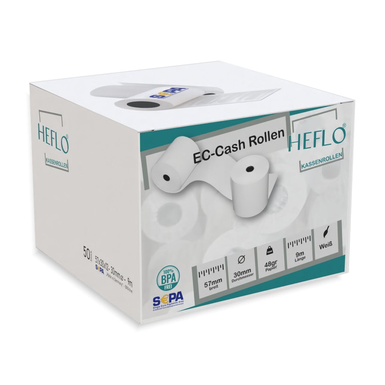 100 HEFLO 57mm X 30mm, 9m lang, BPA frei, SEPA Text, 48 g Thermopapier Kassenrollen, z. B. für SumUp 3G, Bixolon SPP-R210, Worldline YOXIMO u.v.a.