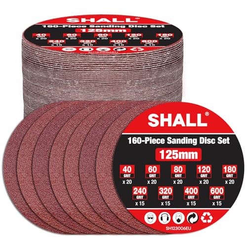 SHALL 160 pezzi 125mm dischi abrasivi, (gancio e anello 9 tipi grana mista), 8 fori 5 pollici dischi abrasivi rotondi pastiglie, per levigatrice orbitale orbitale e tutti gli utensili oscillanti