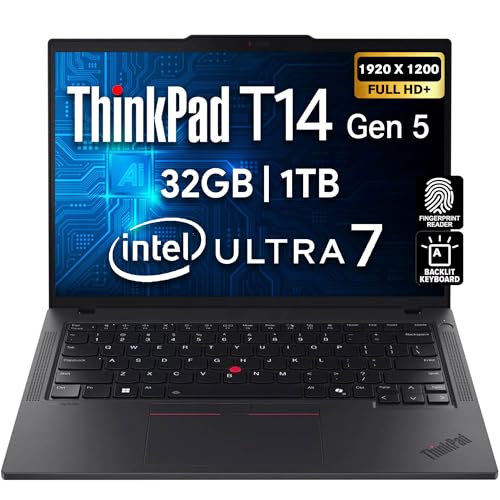 Image of Lenovo ThinkPad T14 Gen 5 AI Business Laptop, 14 inch FHD+ Display, Intel Ultra 7 155U, 32GB DDR5 RAM, 1TB SSD PCIe, Fingerprint, Backlit Keyboard, WiFi 6E + BT, RJ-45, HD Webcam, Win 11 Pro - Black