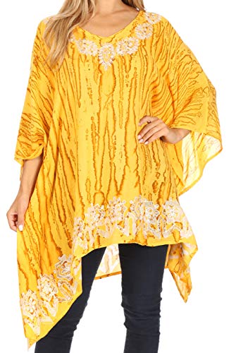 Sakkas 1802 - Alizia Lightweight Embroidery Batik Top Tunic Blouse Caftan Cover up Poncho - Beige - OS