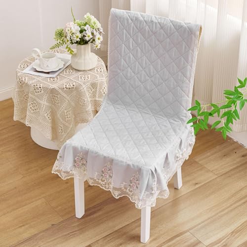 Image of HOMETHREADS Vintage Dining Chair Protector Cover, Quilted Cotton with Lace Frills, Easy Slip-On Design, Protects Seat & Backrest While Keeping Chair Visible, Washable & Reusable, Grey (Pack of 1)