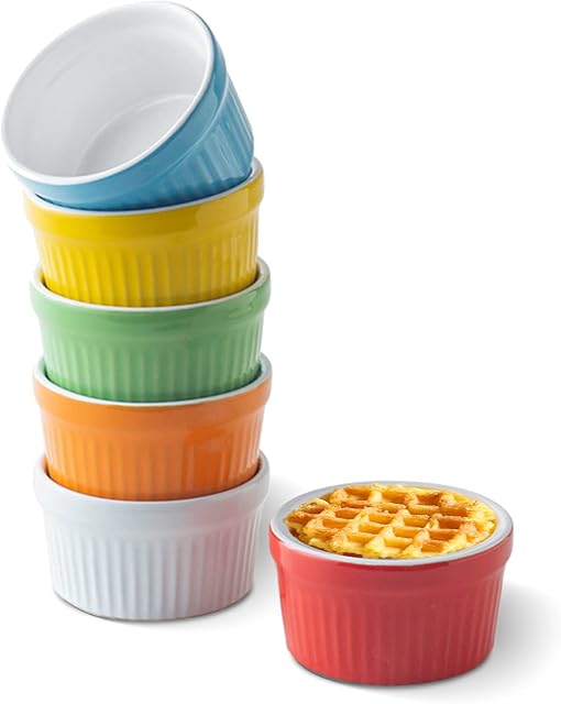 VINILITE Ceramic Ramekins Soufflé Dishes Set of 6, 3.94" 8OZ Oven Safe Porcelain Baking Cups Bowl for Kitchen Cooking Creme Brulee, Pudding, Desserts, Ice Cream, Colorful
