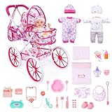 JIZHI Baby Doll Stroller with 12 Inch Dolls, 27-Piece Doll Stroller Set with Baby Doll Accessories for Pretend Play, Feeding & Bedding Playset Gift for Kids 3+