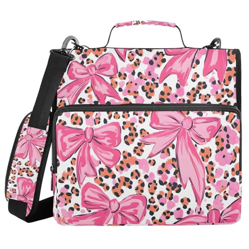 Image of 3 Ring Zipper Binder with Shoulder Strap Pink Bow Leopard Print 1.5 inch Binders Keeper Large Capacity Multi Pockets for School Office Supplies