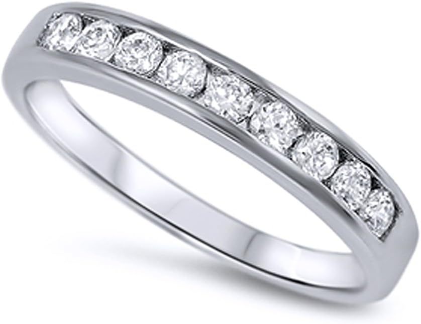 Sterling Silver Round CZ Channel Set Half Eternity Ring Band Anniversary Ring 4MM (Size 3 to 12)