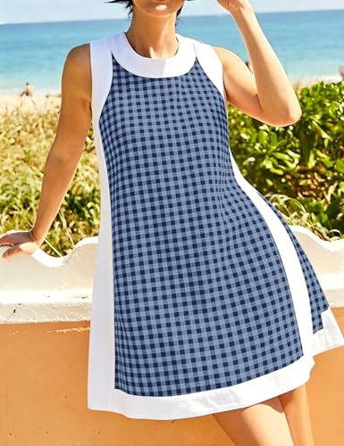 Image of Women's 2 Piece Sets Boho Color Block Dress Summer Casual Sleeveless Crewneck Tops Shorts Matching Set with Pockets