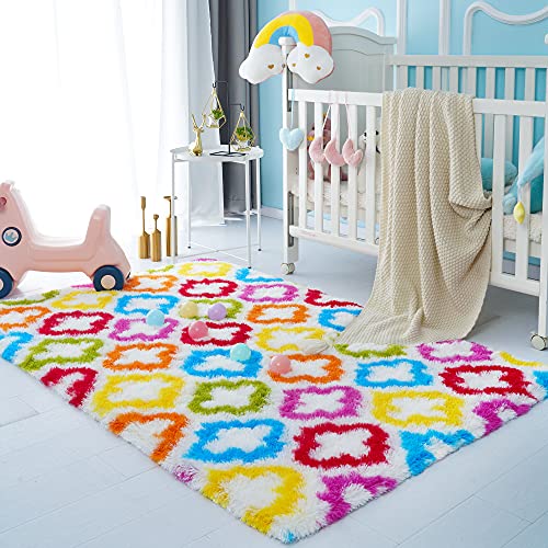 Tepook Fluffy Colorful Rug For Kids, Shaggy Soft Rainbow Area Rugs For Girls Bedroom, Indoor Modern Geometric Moroccan Rugs Plush Girls Kids Rug For Playroom Teens Room Nursery Home Decor, 3 X 5 Ft #TOP2