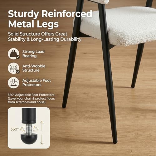 Image of HNY Modern Dining Room Arm Chairs Set of 2, Mid-Century White Faux Sherpa Boucle Upholstered Barrel Dining Chairs with Arms, Black Metal Legs, Open-Back Kitchen Side Chair for Living Room