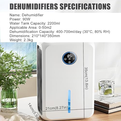 Deumidificatore ad alta efficienza energetica con serbatoio dell'acqua di grande capacità da 2,2 l, timer 12 ore, telecomando, spegnimento automatico, sistema di umidità intelligente per casa e