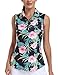 MoFiz Women's Sleeveless Golf Shirts Printed Zip up Tennis Polo Golf Tank Tops Floral-3 L