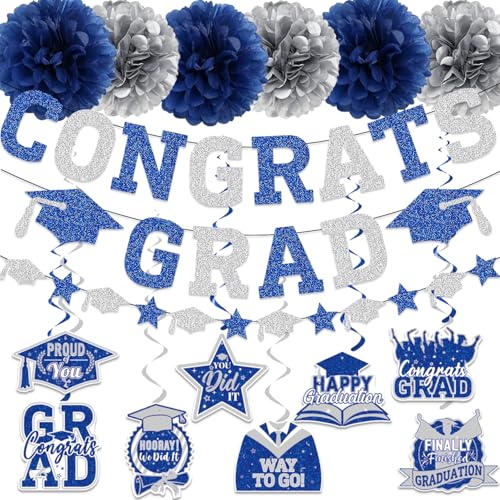 2026 Graduation Decorations, Blue and Sliver Glitter Congrats Grad Banner, Grad Garland, Hanging Swirls, Paper Pom Poms for Class of 2026 Graduation Party Decorations