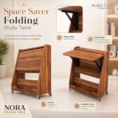 Image of Studio Kook Nora Folding Table (Study Table, Multipurpose Desk with Wheels, Engineered Wood, Matte Finish) (Amber Walnut)