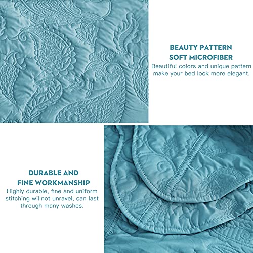Image of HZ & HY Oversized Alaskan King Bedspread 138x122 Extra Wide, Stitched Paisley Quilt Set, Lightweight Reversible Coverlet, Scalloped Edge - Fresh Blue Classic Look, 5 Piece, Blue