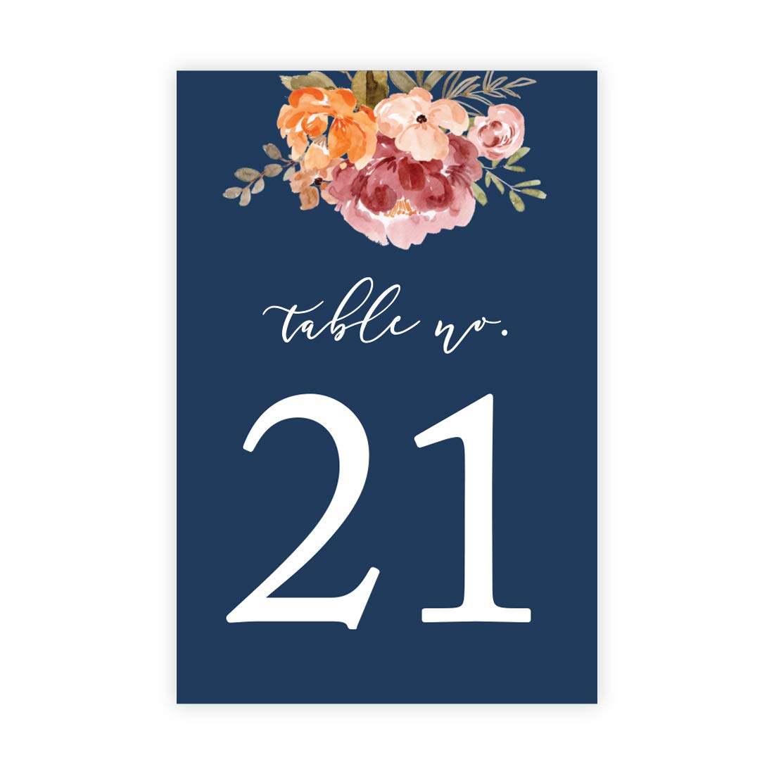 Andaz Press Navy Blue with Orange Pink Fall Watercolor Flowers Wedding Party Collection, Table Numbers 21-40 on Perforated Paper, Single-Sided, 4X 6-inch, Floral Bouquet Graphic Design, 1 Set