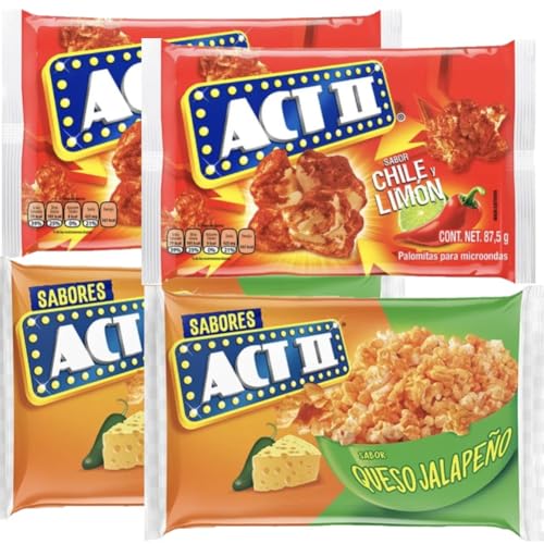 Act II Mexican Popcorn, Chile y Limon and Queso Jalapeno Flavors, Microwave Popcorn, 4 Pack, Imported from Mexico, Popular Mexican Snack, As Seen on TikTok Magnet