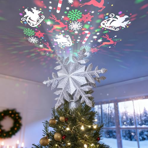 DG-Direct Christmas Tree Topper with 6 Rotating Projection Patterns, Silver
