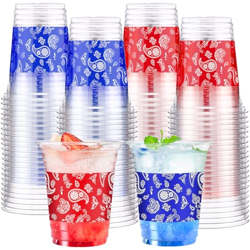 Jingmore 80 Pack 12 oz Western Cowboy Cup Bandana Disposable Clear Plastic Cups for Western Cowboy Birthday Party Decoration