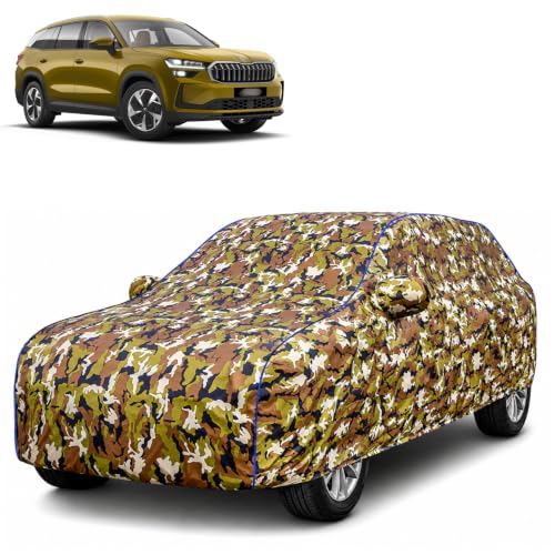Image of Waterproof Car Body Cover for Skoda Kodiaq with Mirror Pocket| Cotton Inner Lining | Triple Stitched | All Weather Protection | Dust, UV & Rain Proof (Camouflage with Blue Piping)