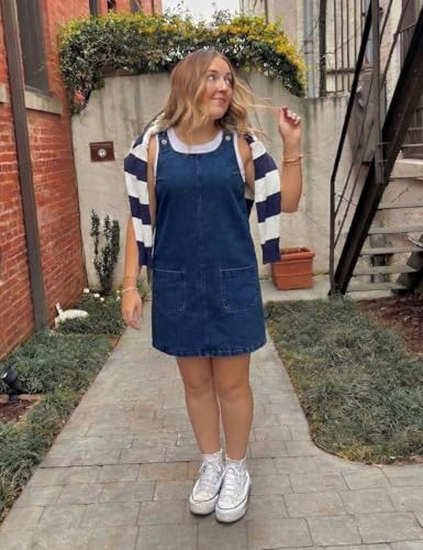 Image of Xaspee Denim Overall Dress for Women Casual Mini Sleeveless Jean Vintage Jumper Skirt Dress with Pockets