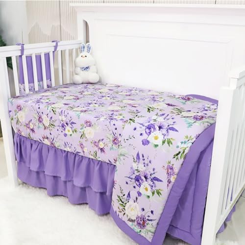 Image of Crib Bedding Set for Girls, Purple Baby Crib Bedding Set 4 Piece, Baby Girl Nursery Bedding Set Including Comforter, Fitted Crib Sheet, Crib Skirt, Diaper Stacker, Floral