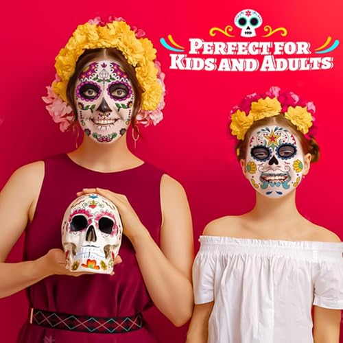 COKOHAPPY Halloween Temporary Face Tattoos Makeup Kit (13 Pack), Day of the Dead Sugar Skull Floral Black Skeleton Web Red Roses Full Face Mask Stickers Tattoo Families Party Supplies