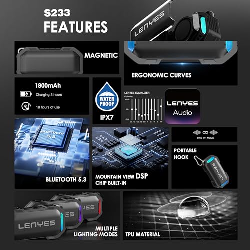 Image of Lenyes S233 Bluetooth Speaker | 12W Portable Wireless Speaker | 1800mAh Battery | Deep Bass | IPX7 Waterproof | Bluetooth v5.3 | TWS | Built-in Magnet | 5H Playtime | Lenyes Audio App Support (Black)