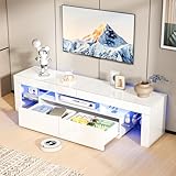 Bonnlo 63' LED TV Stand, Modern White Entertainment Center with Storage and LED Lights for 55/60/65/70 Inch TVs, High Gloss Design for Living Room and Bedroom (White, 63'' x 14'' x 18'')