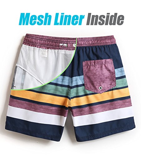 Maamgic Mens Quick Dry Striped Swim Trunks With Mesh Lining Swimwear Bathing Suits, Navy Blue, X-Large(Waist-32"-34") #TOP1